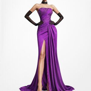 Vintage Y2K Purple Strapless Beaded Side Slit Fit Flared Maxi Prom Dress Size S